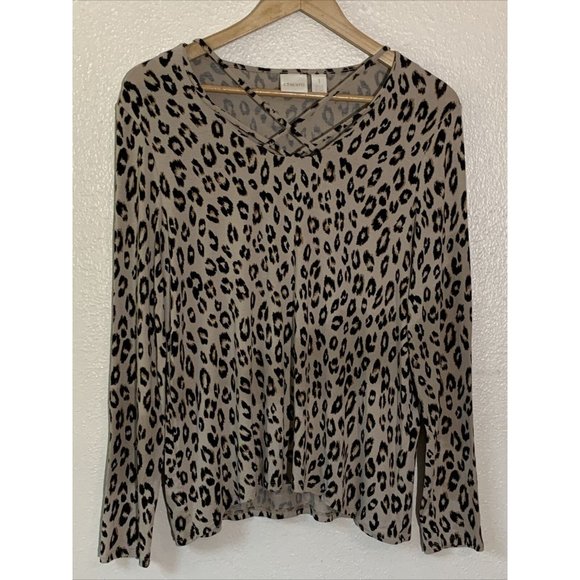 Chico's Womens Top 1 Medium/8 Beige Leopard Animal Print Long Sleeve V Neck - Picture 3 of 7